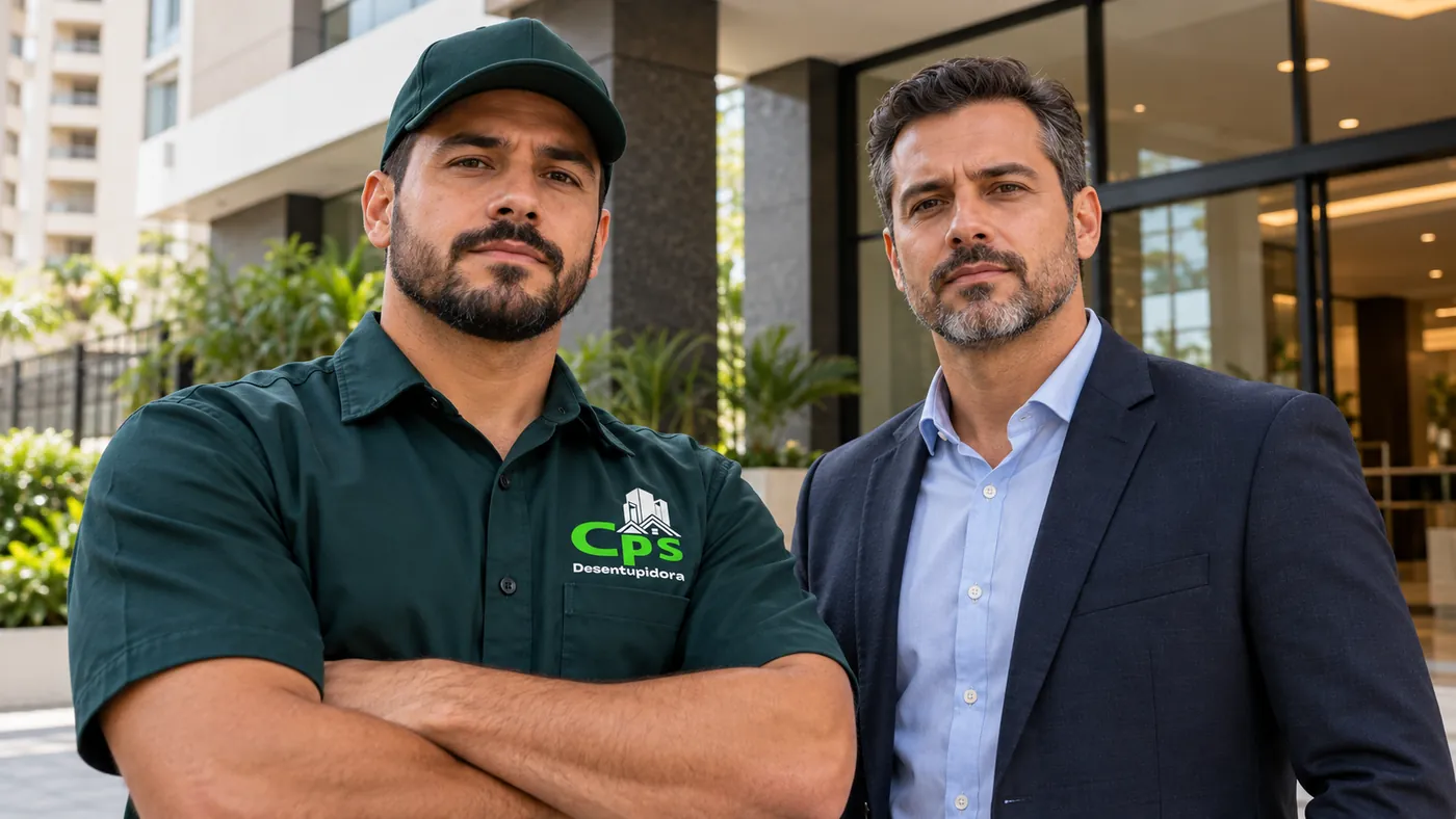 Técnico da CPS Desentupidora ao lado de síndico em frente a condomínio