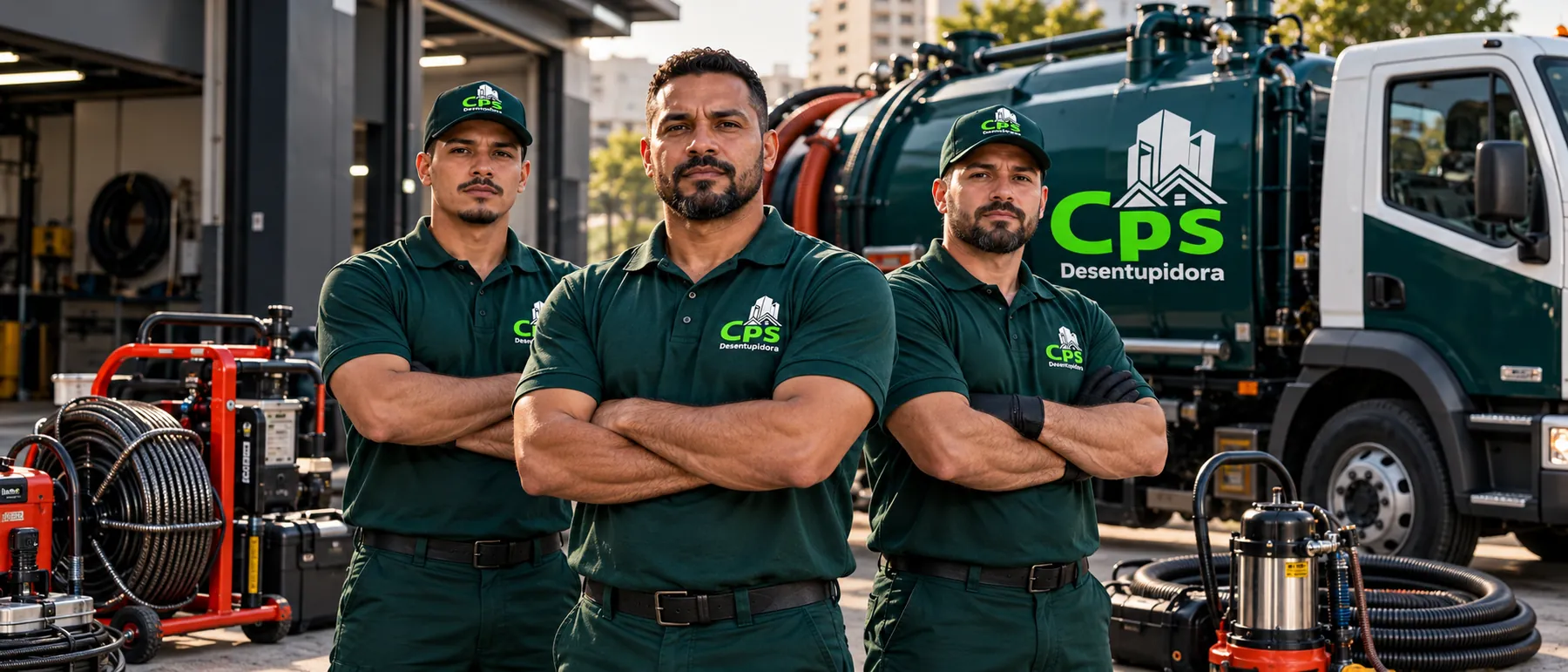 Equipe uniformizada da CPS Desentupidora com caminhão e equipamentos de desentupimento